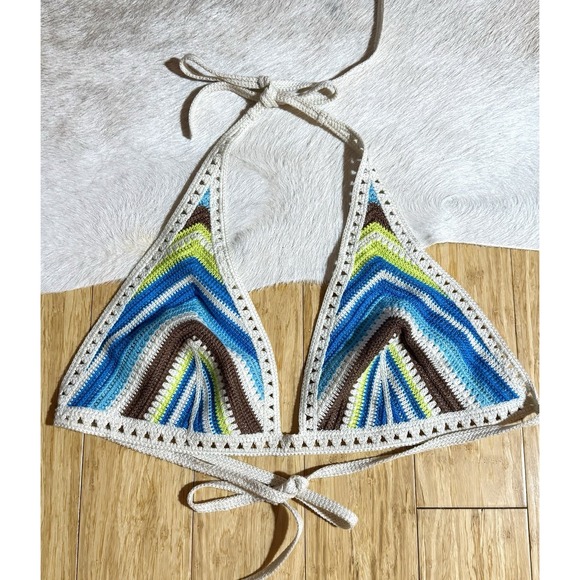 Aerie Multicolor Striped Crochet Halter Swimwear Swim Bikini Top Sz XL - Picture 5 of 7
